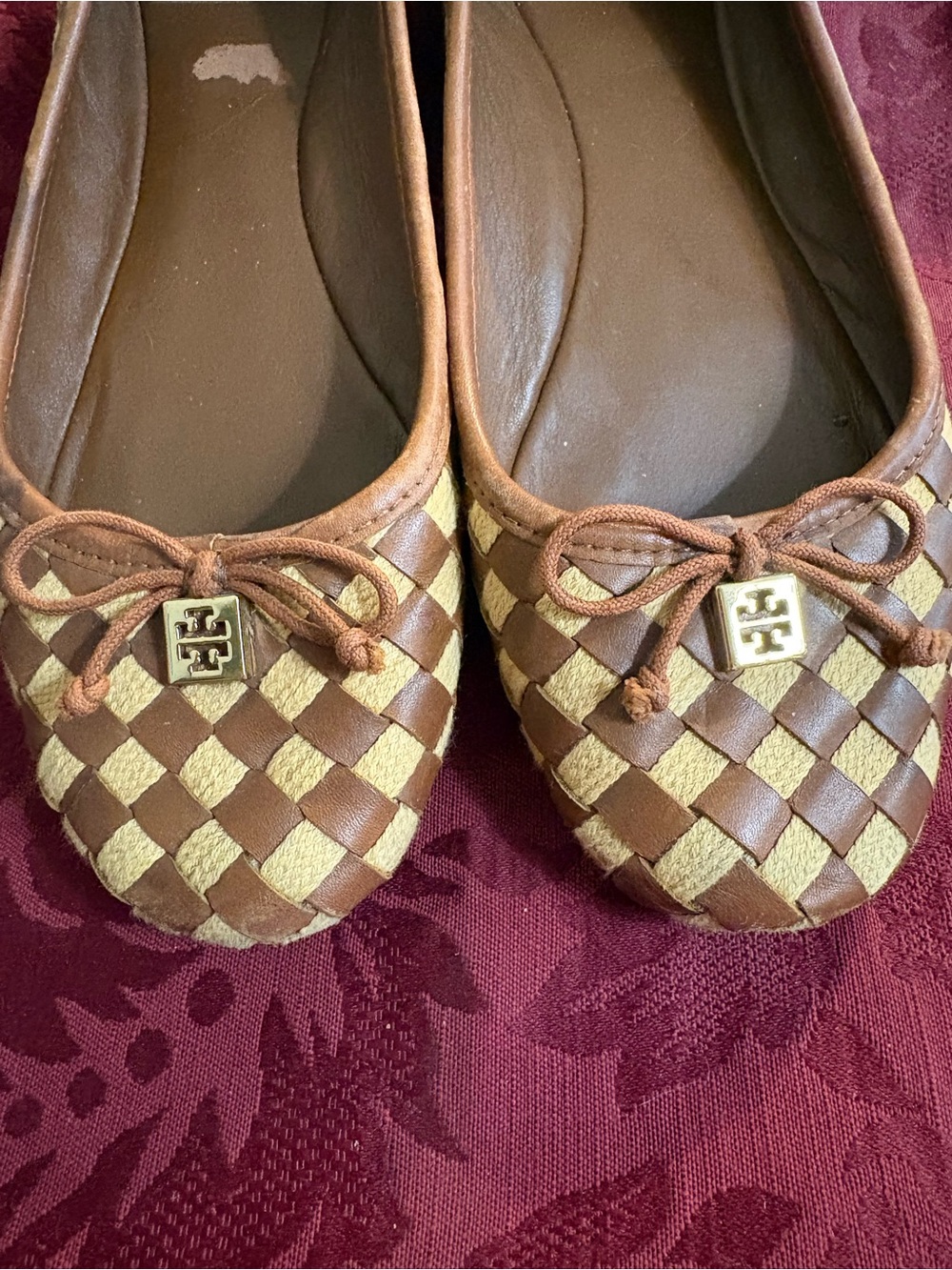 Tory Burch “PRESCOTT” Brown and Tan Woven Leather Ballet Flats with Logo Charm